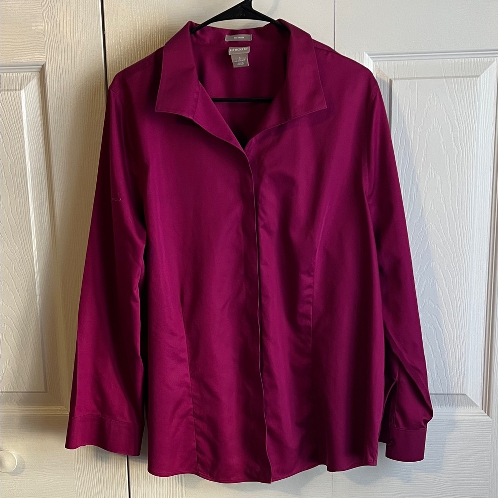 Chico’s No Iron Cotton Hidden Button Front Long Sleeve Shirt Mulberry Sz 3
